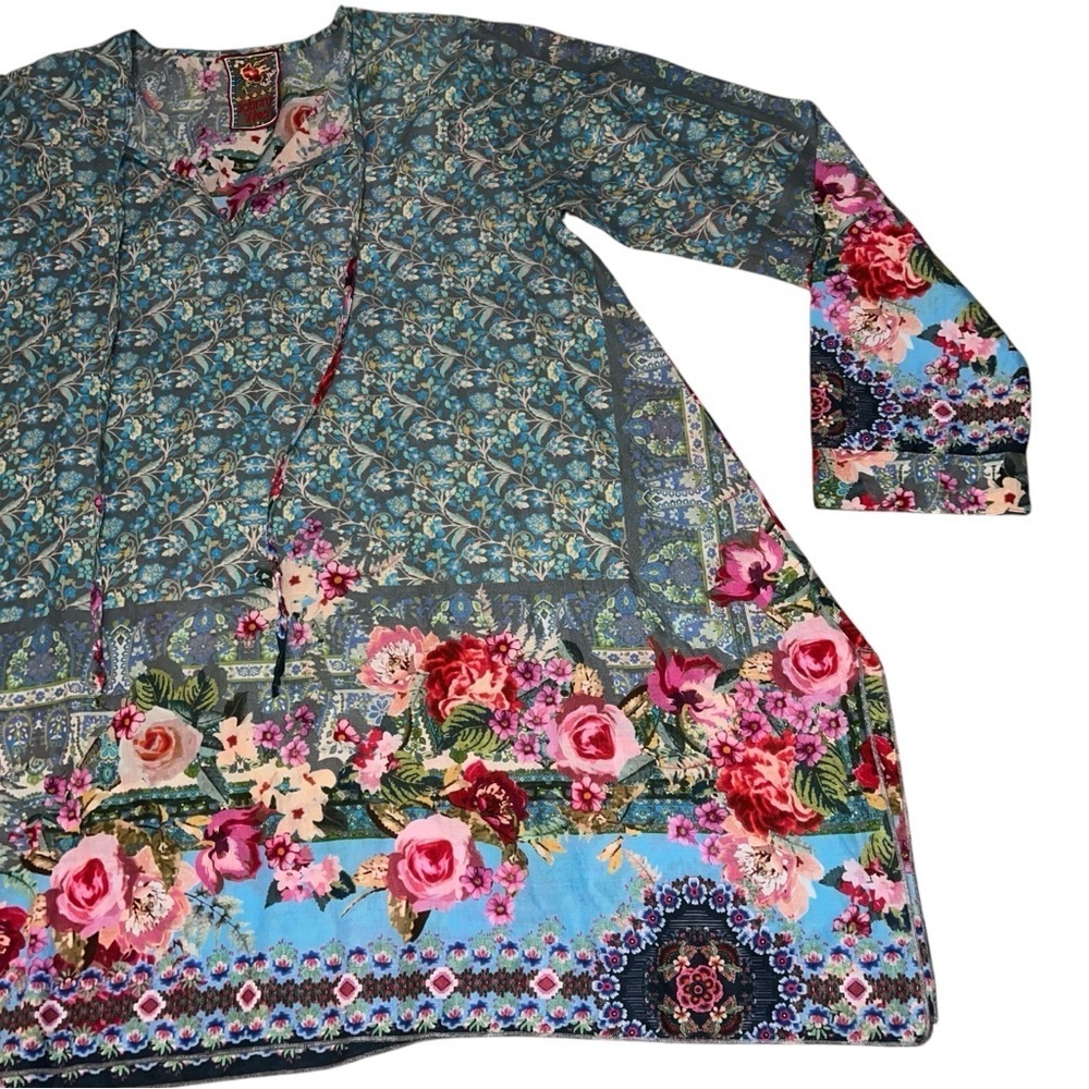 EUC Johnny Was Floral Patterned Tunic Top Tie Front Medium Cotton Sustainable - Picture 3 of 13